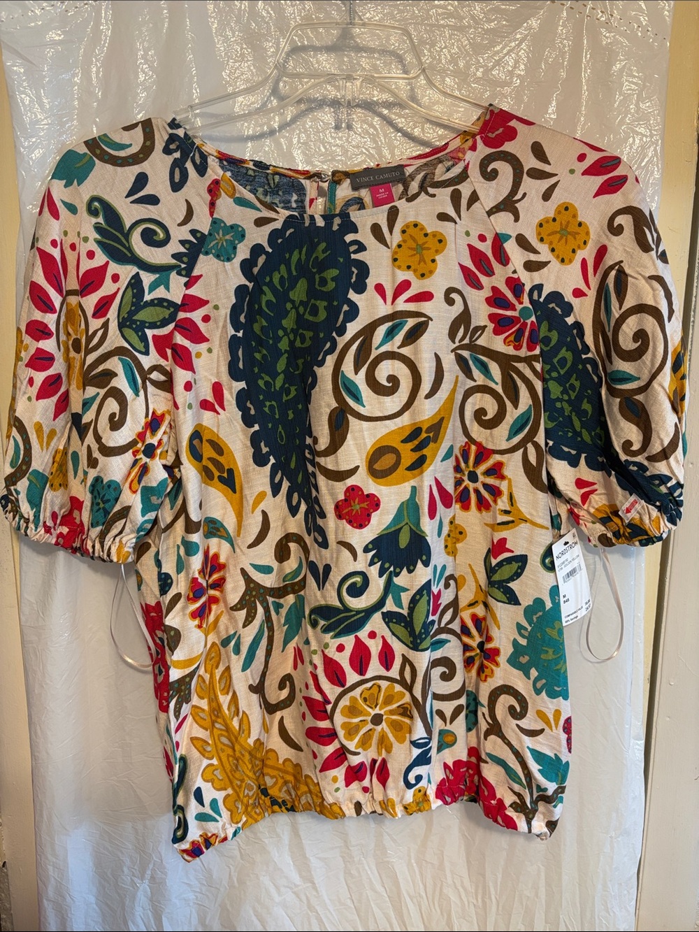 Vince Camuto Cream Paisley Floral Puff-Sleeve Blouse